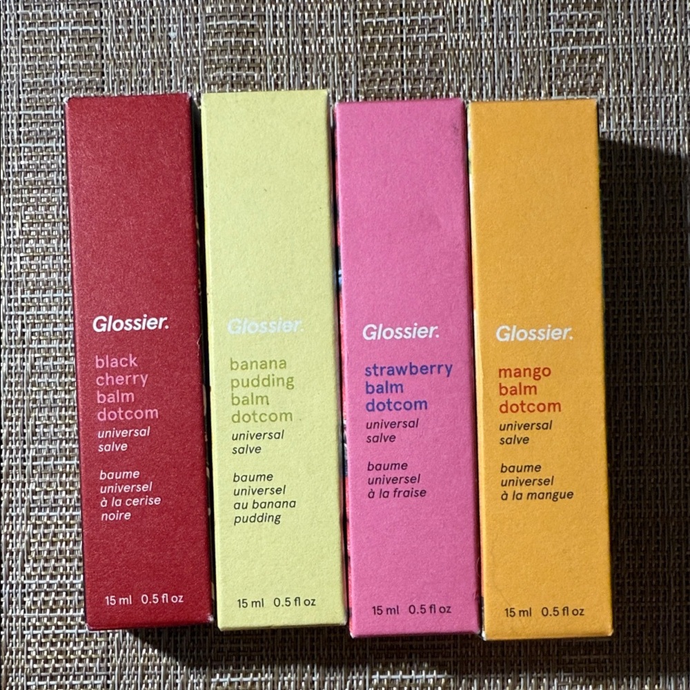 Glossier Balm Dotcom 
Black Cherry, Banana, Strawberry, Mango